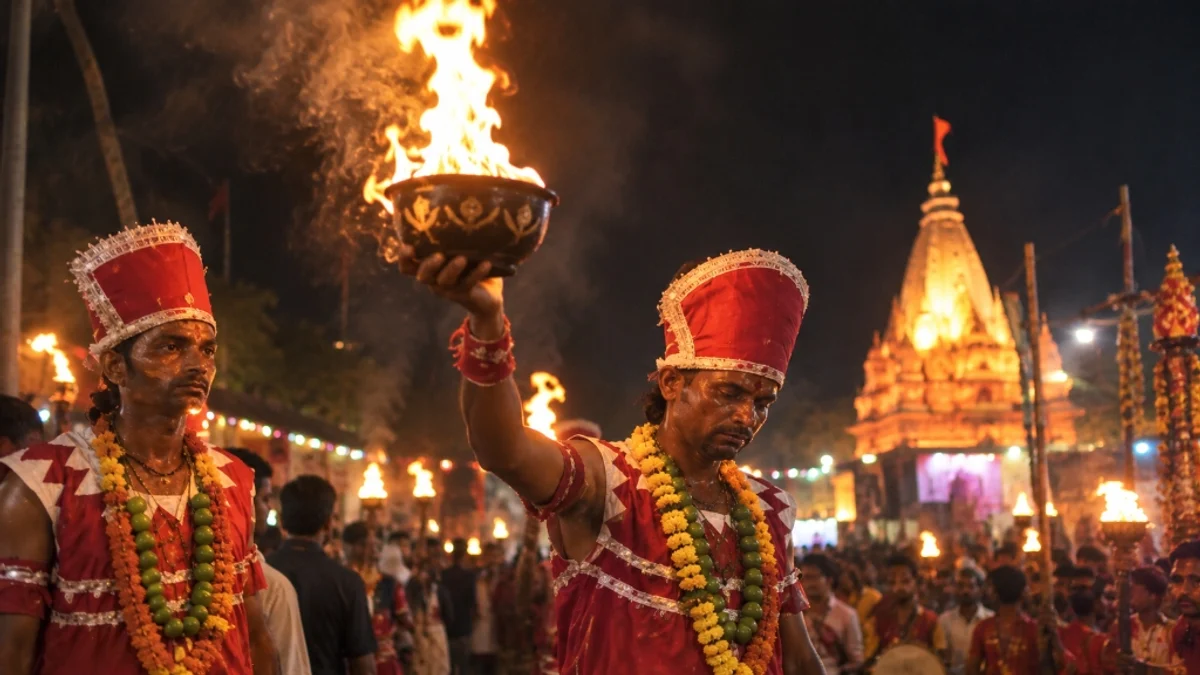 Devotees carrying the sacred flaming earthen Khappar during midnight Navratri procession in Kawardha with temple in background